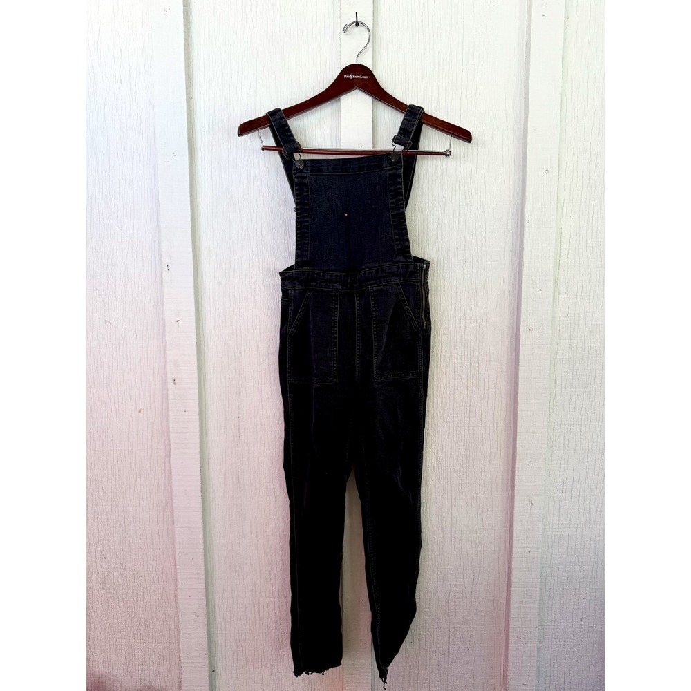 Madewell Womens Black Denim Overalls Slim Leg Raw Hem Faded Wash Size 24